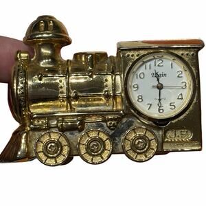 Vintage Elgin Quartz Gold Tone Train Locomotive Mini Desk Clock Needs Battery